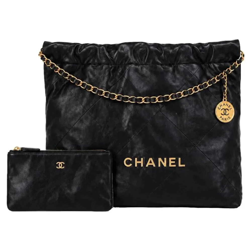 Chanel 22 Calfskin Leather Logo Hobo Bag With A Matching Pouch